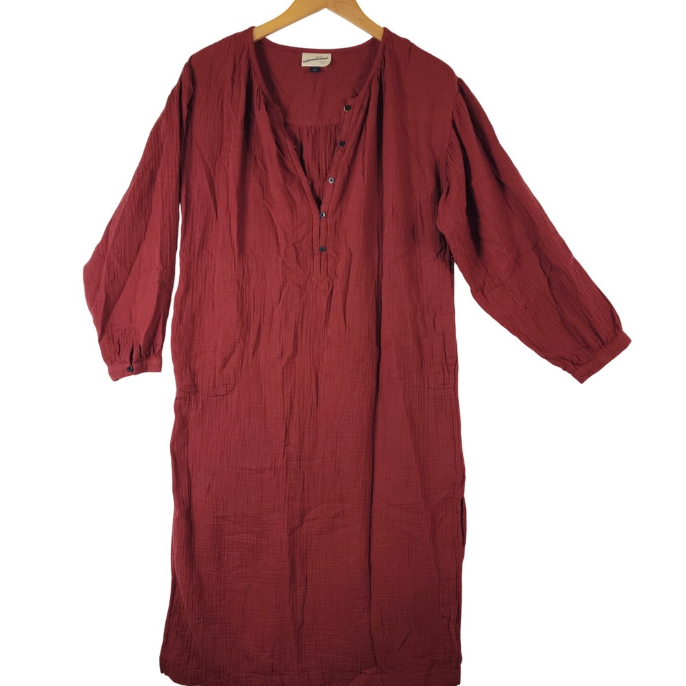 Gauzey Dress Women Small Red Cotton Gauze Long Sleeve Pockets Lagenlook Earthy